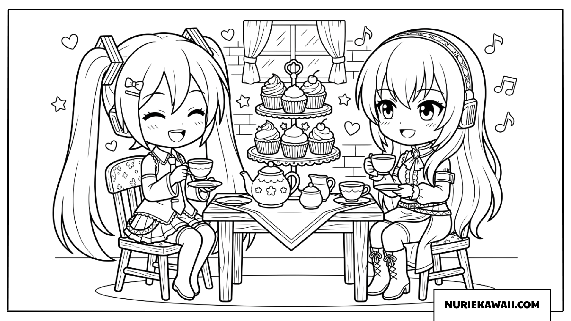 初音ミクと巡音ルカちびキャラお茶会を楽しむ塗り絵