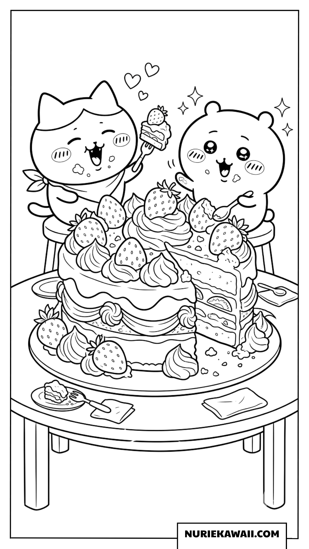大きなイチゴケーキを食べるちいかわたちの塗り絵