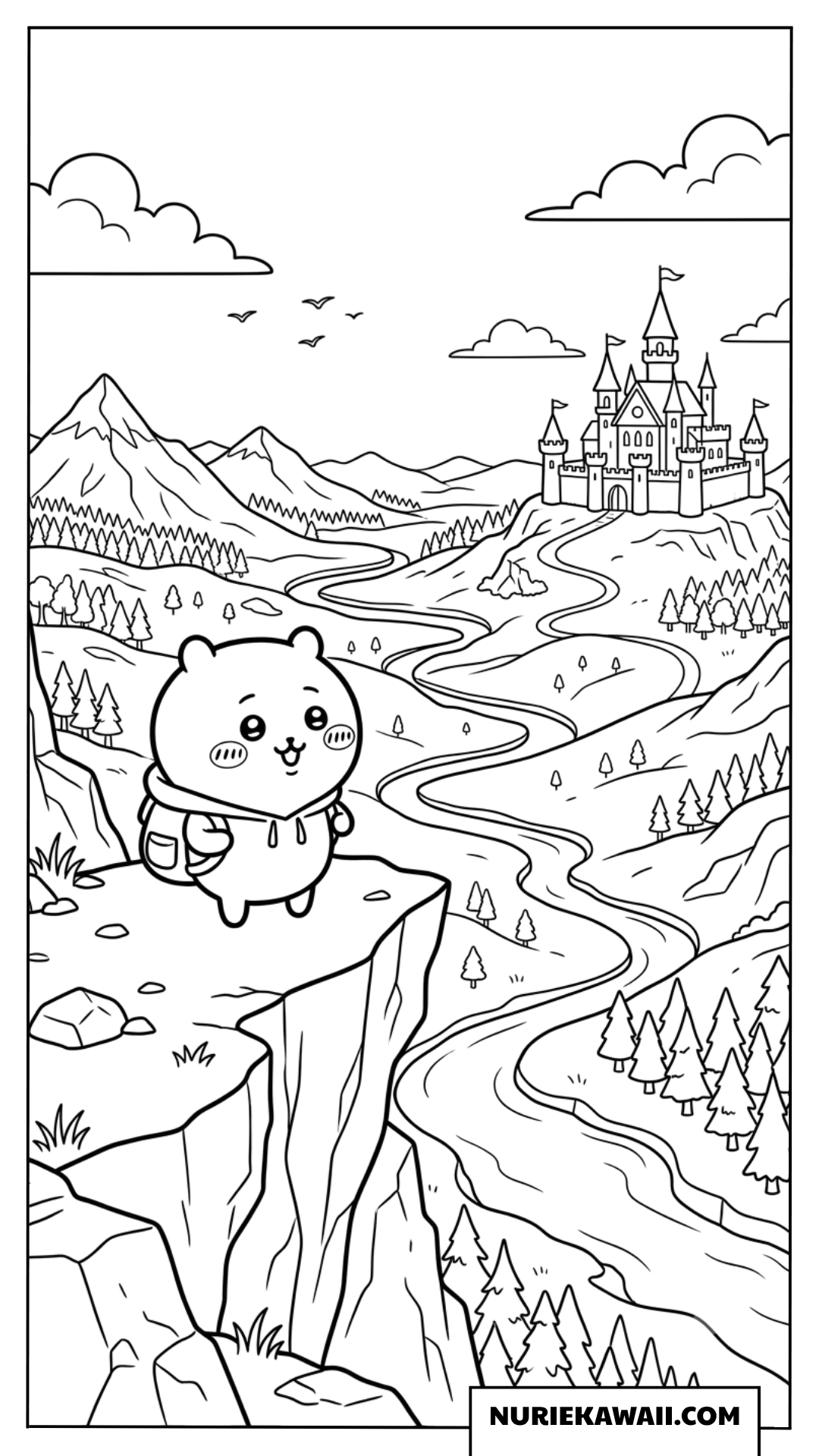 崖の上から城を眺めるちいかわの塗り絵