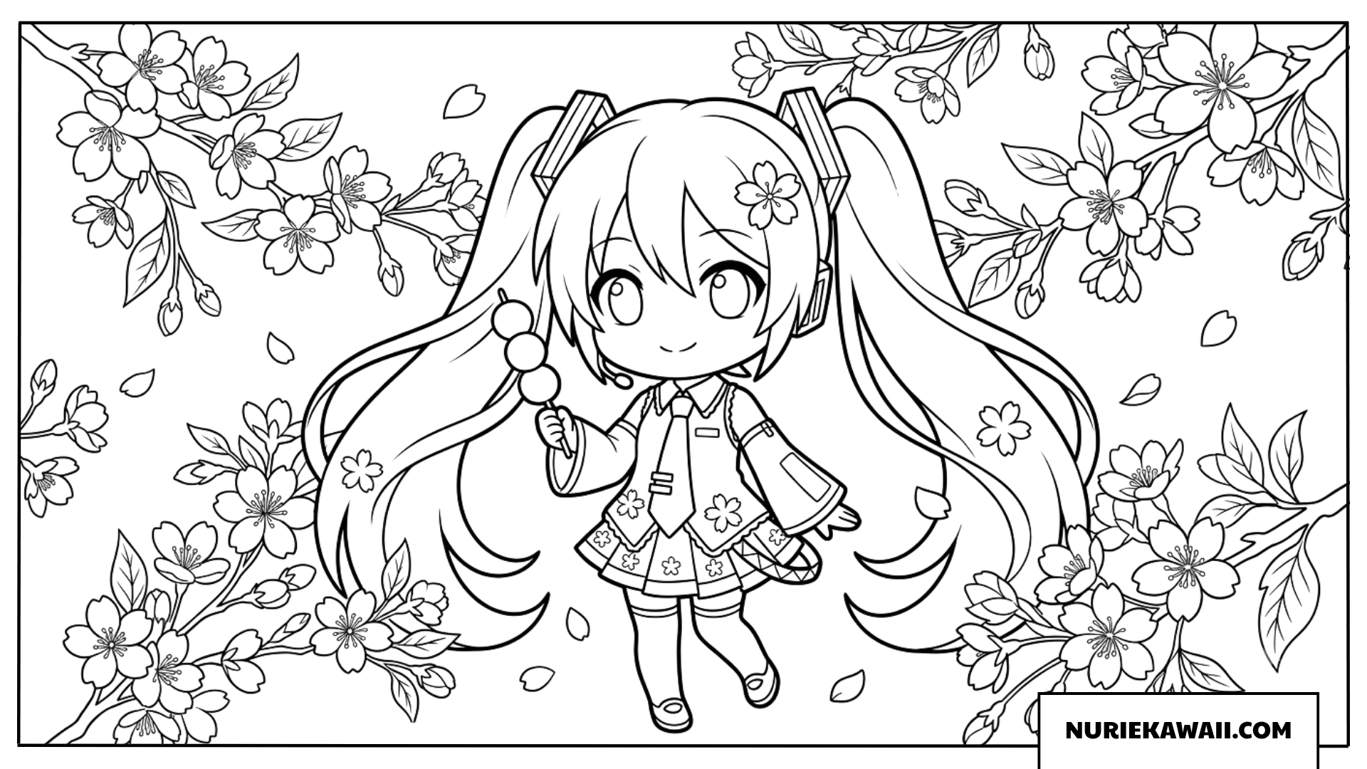 桜ミクちびキャラ三色団子を持って微笑む塗り絵