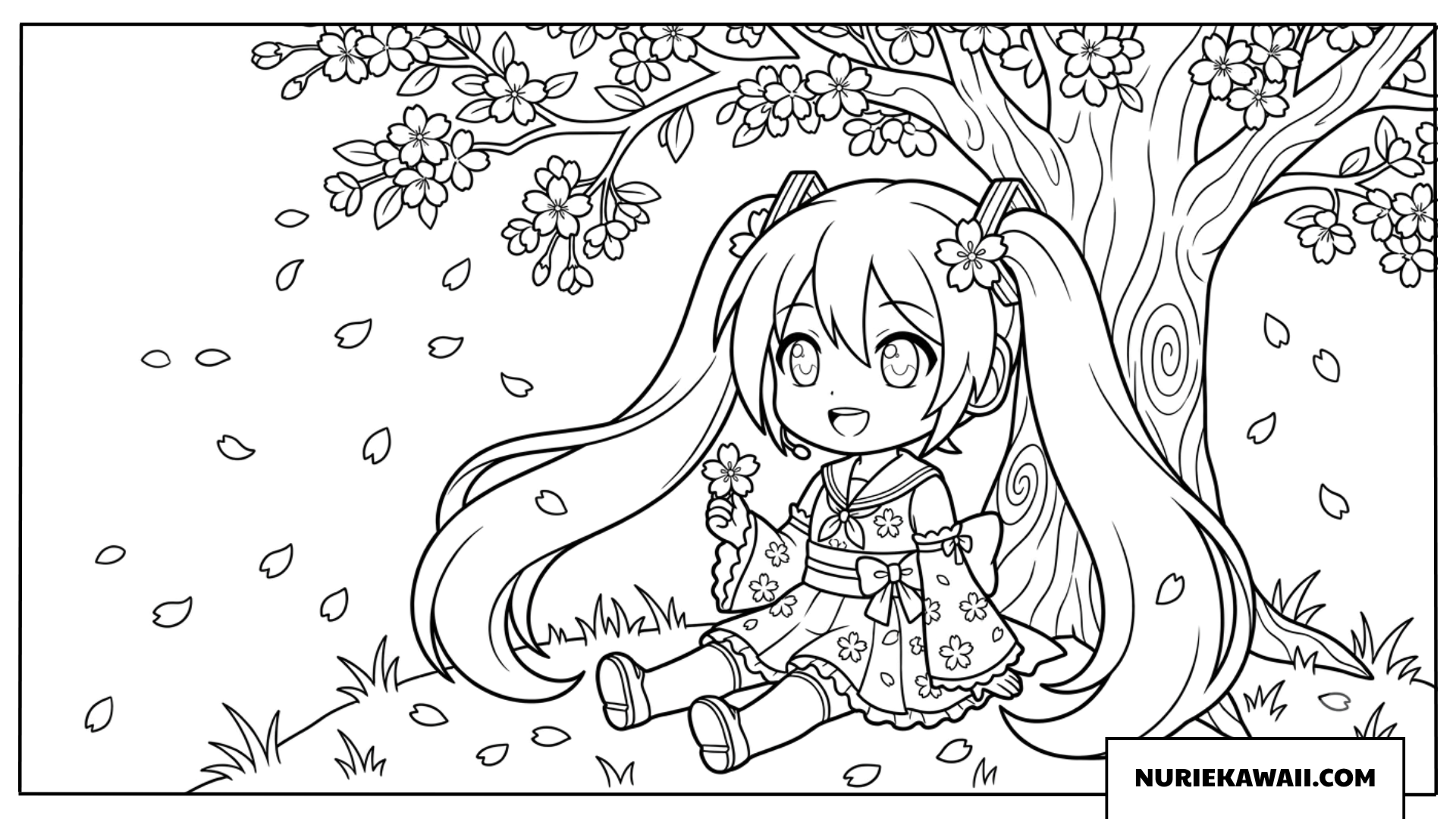 桜ミクちびキャラ満開の桜の木の下で休む塗り絵