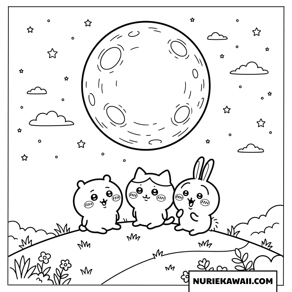 満月と夜空を見上げるちいかわの塗り絵