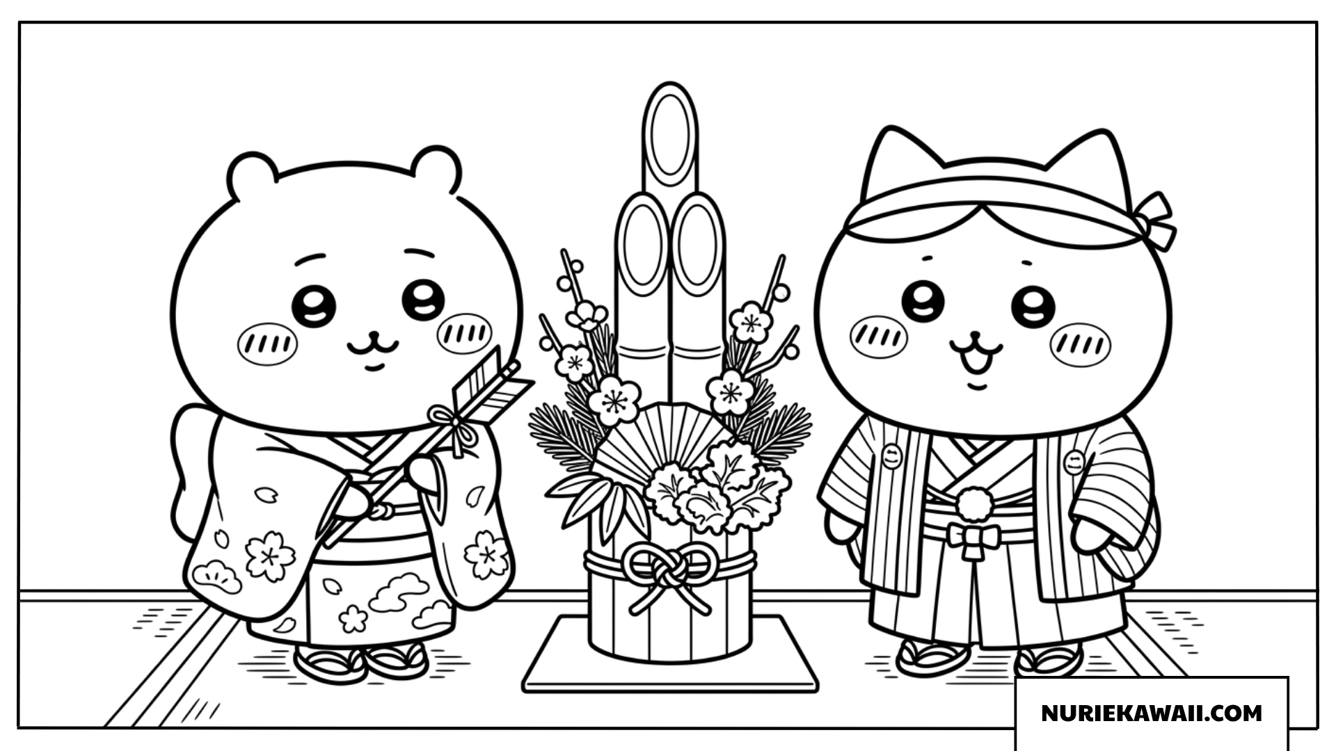 着物を着てお正月をお祝いするちいかわの塗り絵