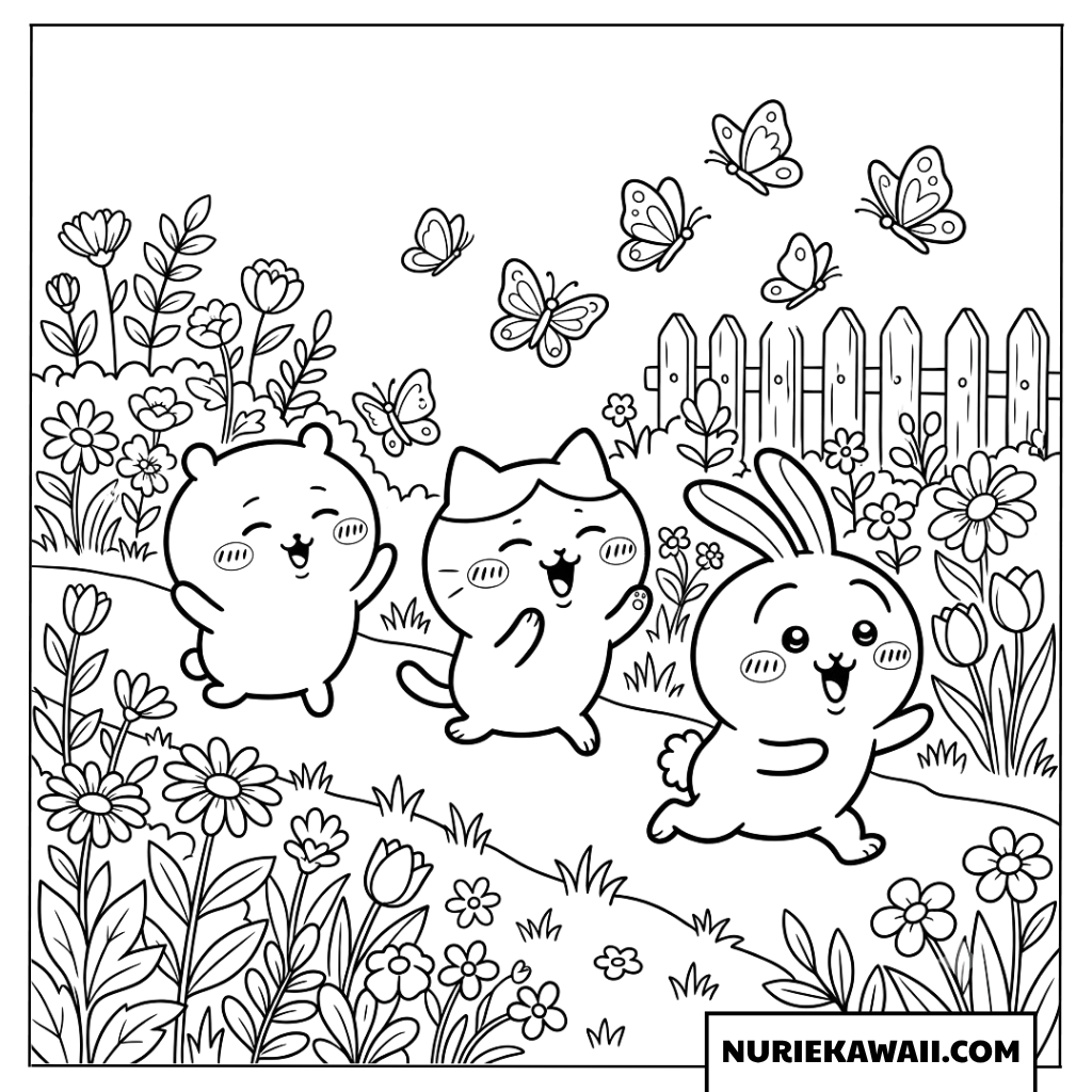 花畑で蝶々と遊ぶちいかわたちの塗り絵