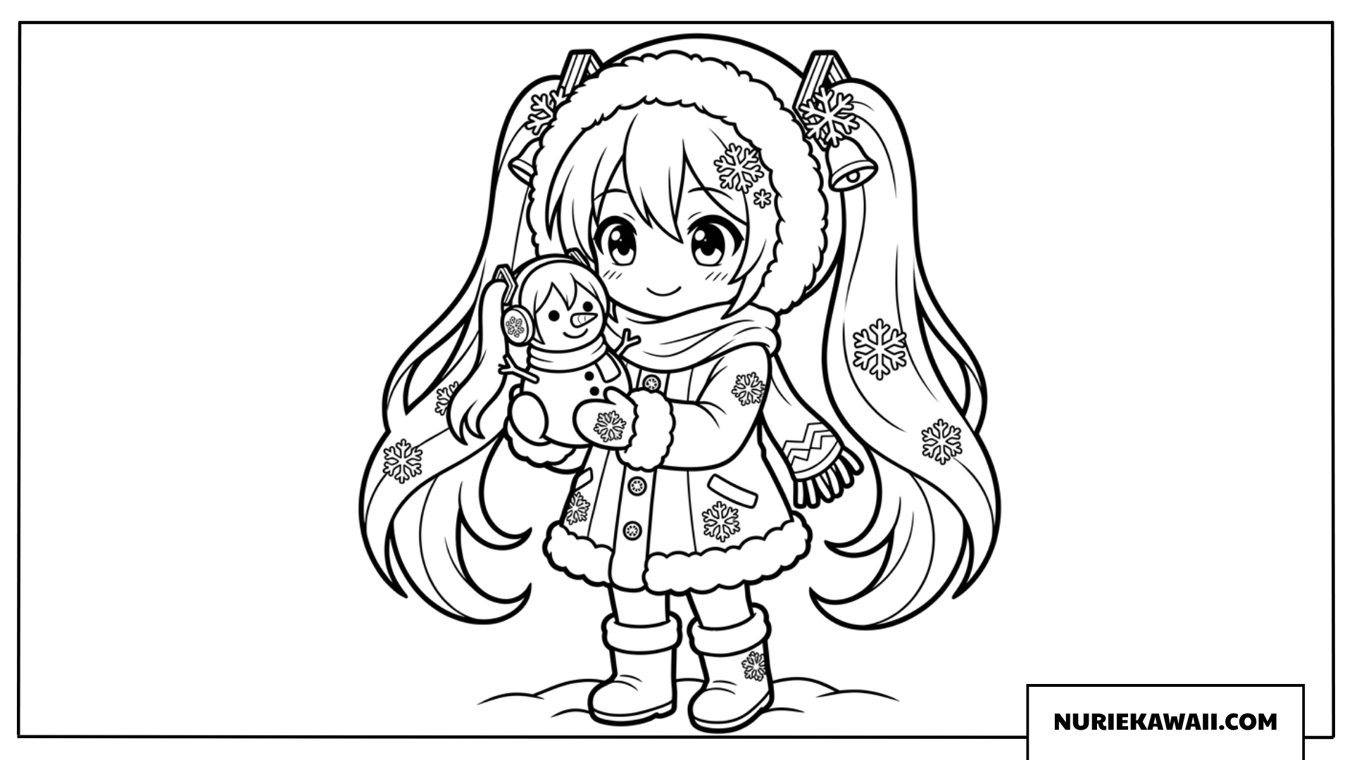 雪ミクちびキャラ小さな雪だるまを抱っこする塗り絵