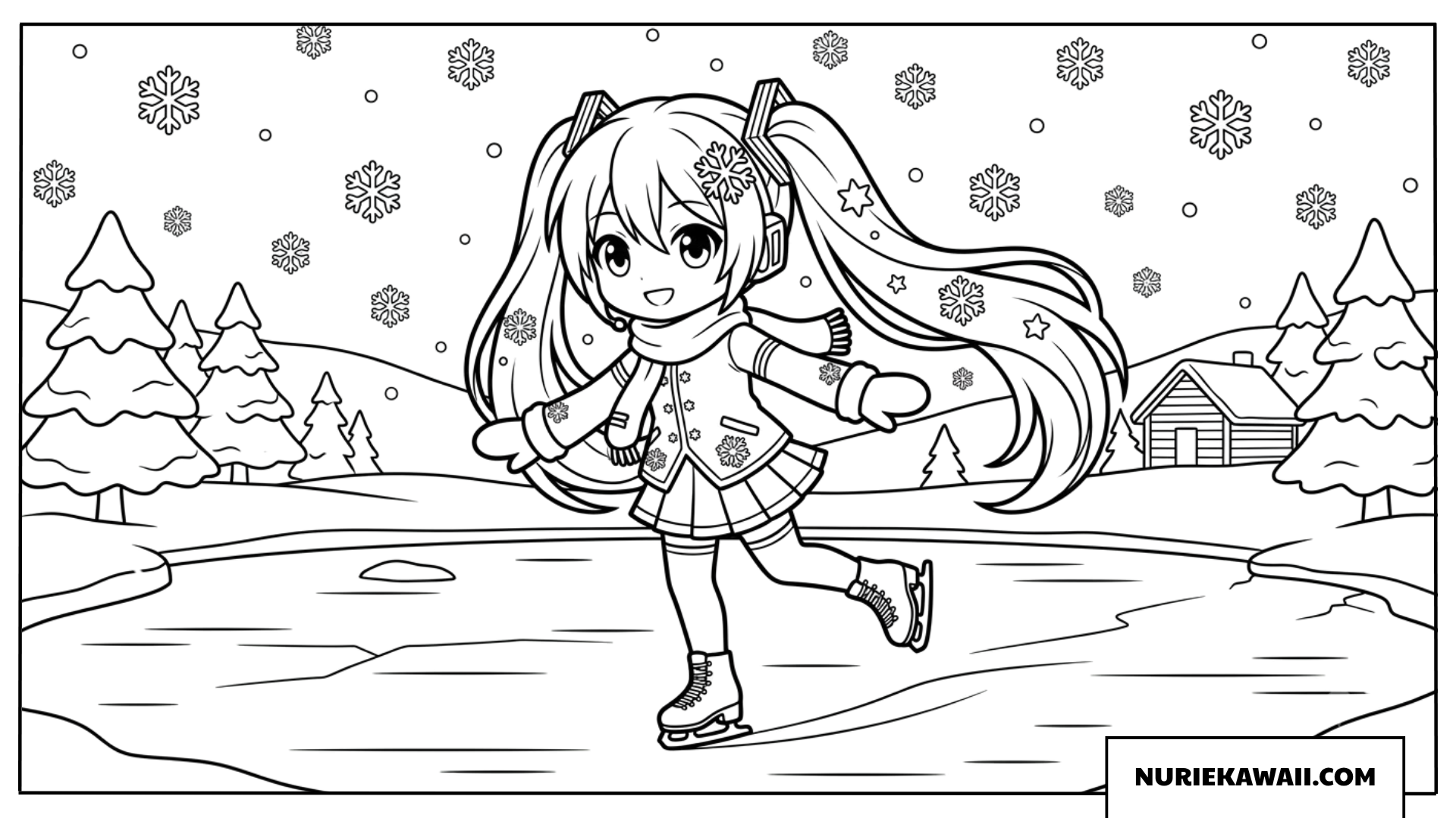 雪ミクちびキャラ氷の上でスケートをする塗り絵
