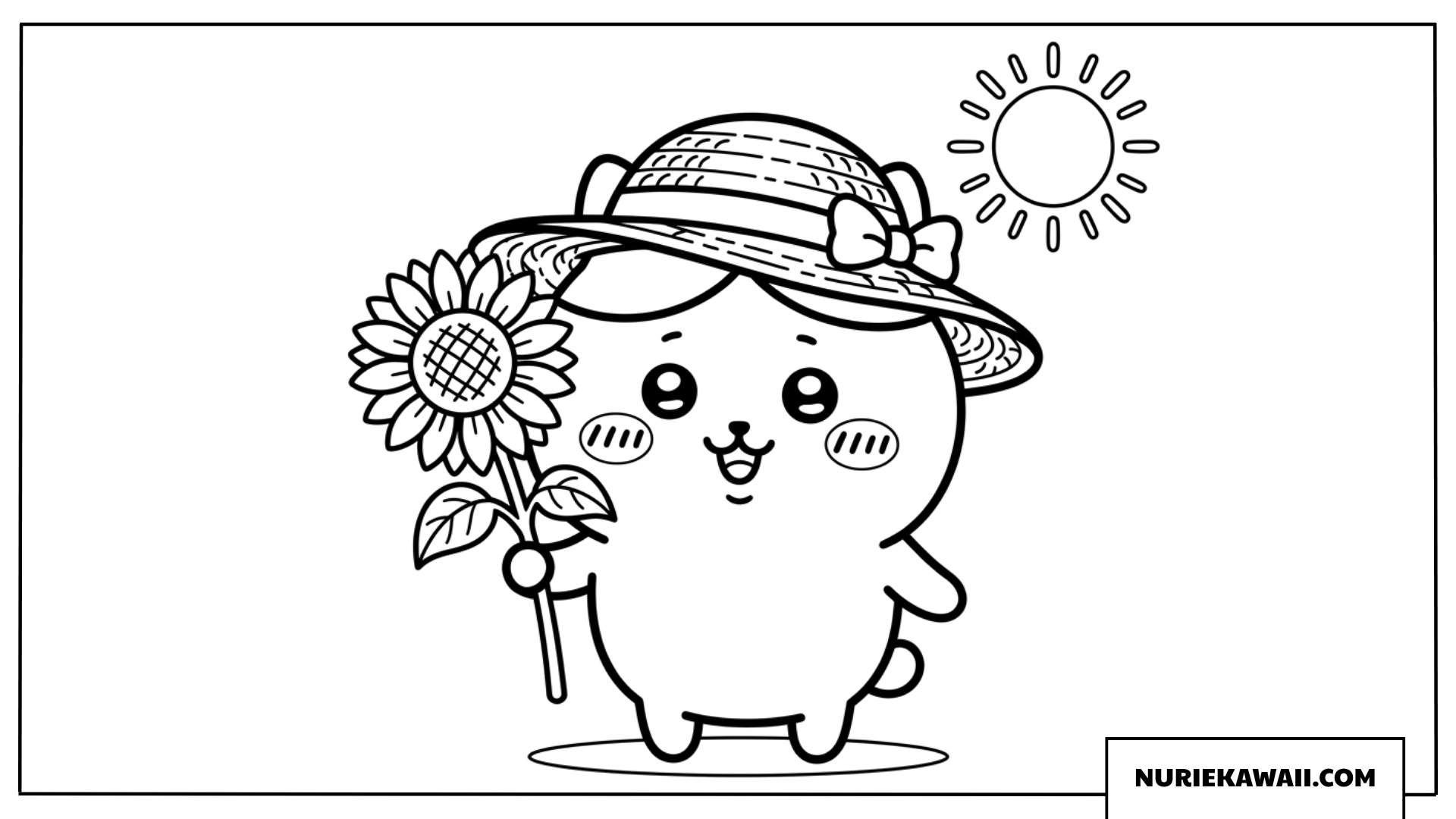 麦わら帽子とひまわりを持つちいかわの塗り絵